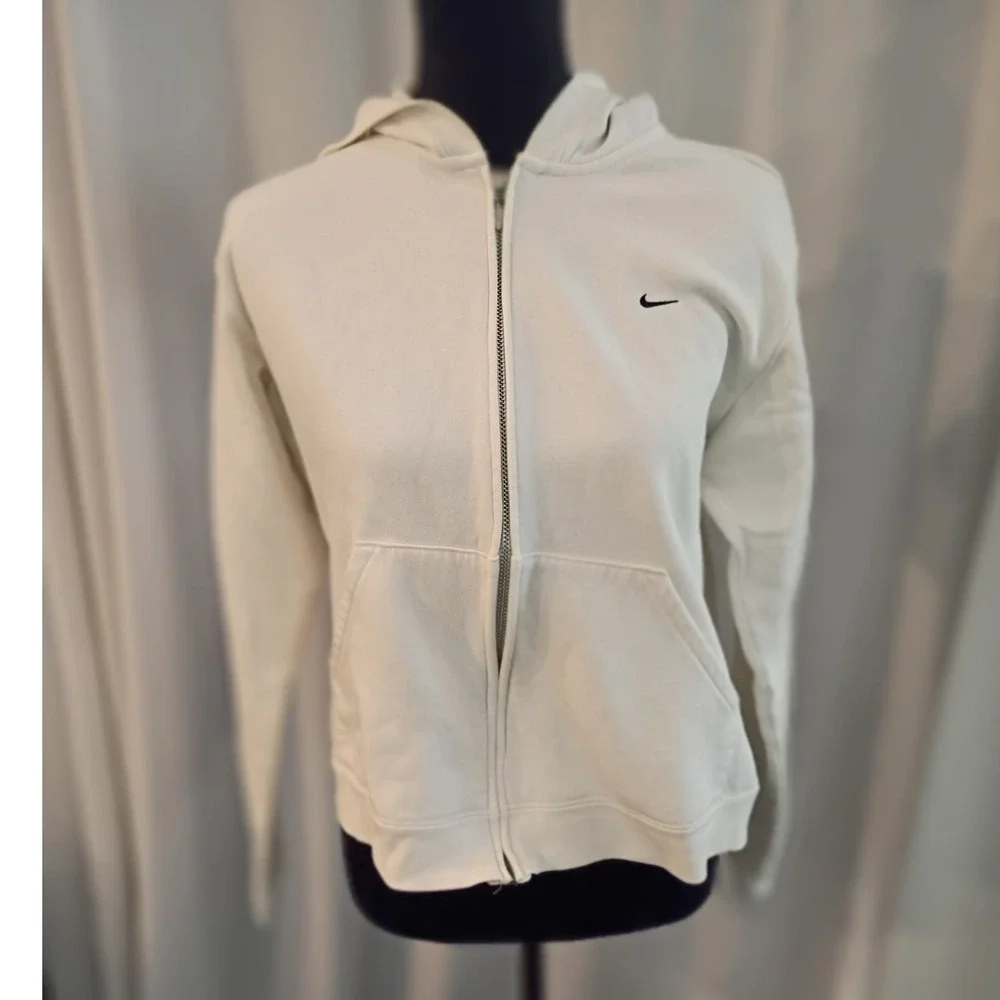 Nike White‎ Full Zip Hoodie Embroidered Swoosh Logo Sweatshirt Girls Large 12-14